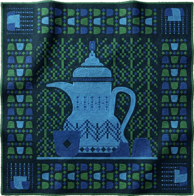Hospitality — official Saudi National Day 96 emblem: the generosity motif woven in traditional sadu textile pattern