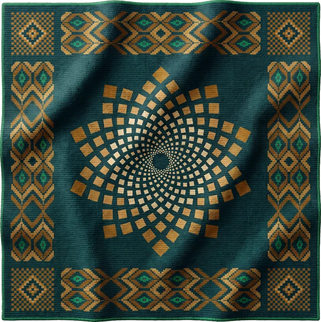 Vision — official Saudi National Day 96 emblem: the vision motif woven in traditional sadu textile pattern